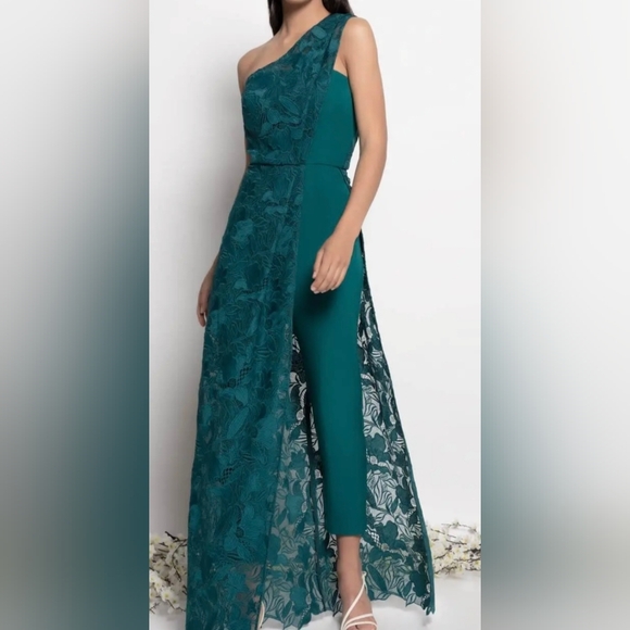 Kay Unger Embroidered One Shoulder Estrella Column Jumpsuit Size 12 - Picture 4 of 9